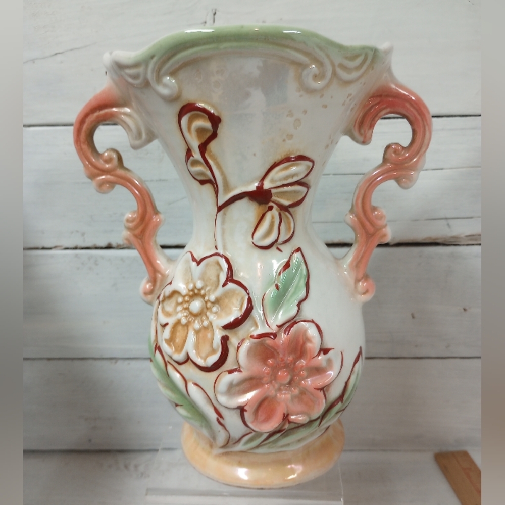 Vintage Lusterware Vase with Handles & Raised 3D Flowers Made In Brazil Floral
